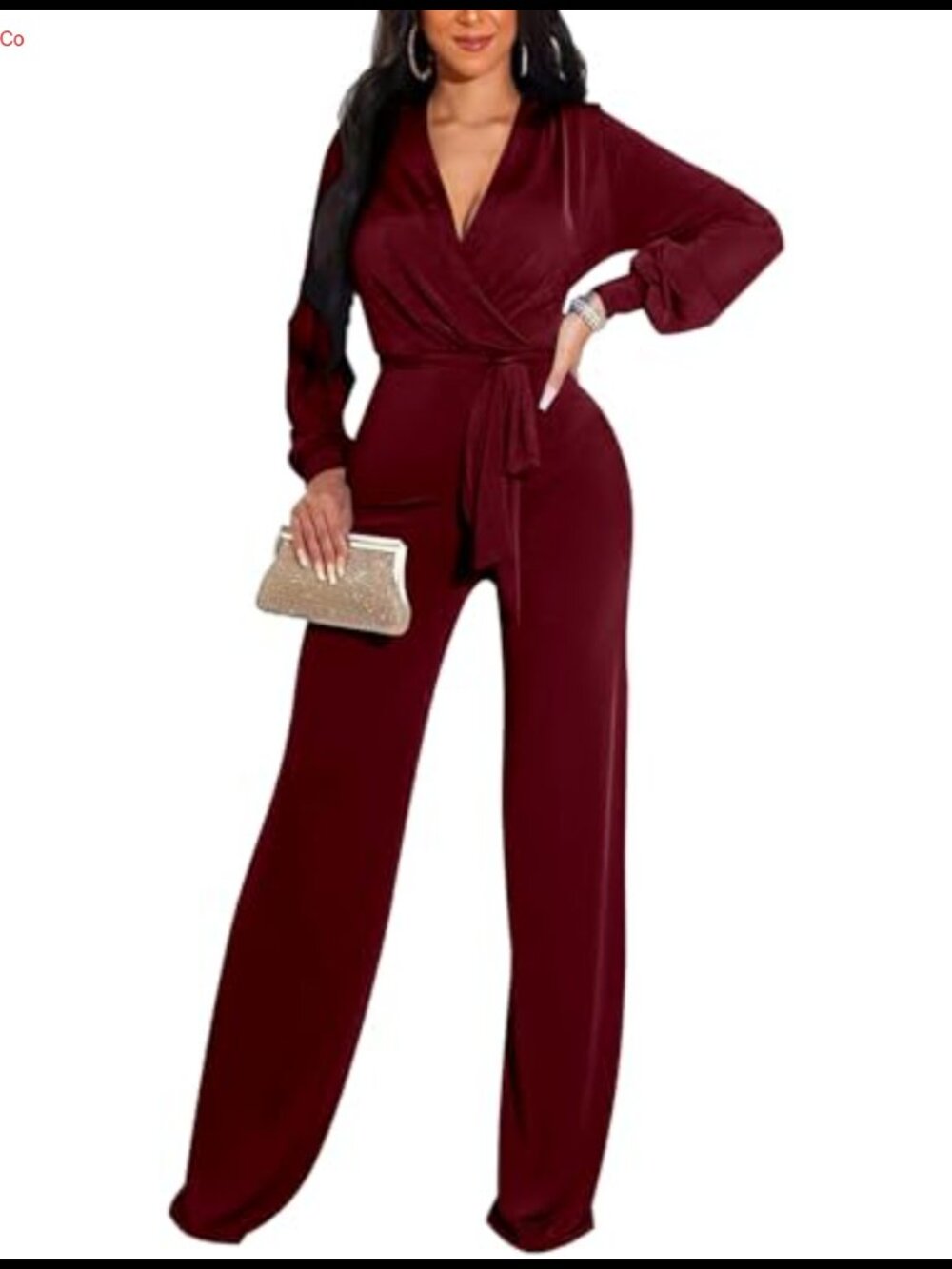 Formal Jumpsuit Women Dressy Deep V Neck Long Sleeve Wide Leg